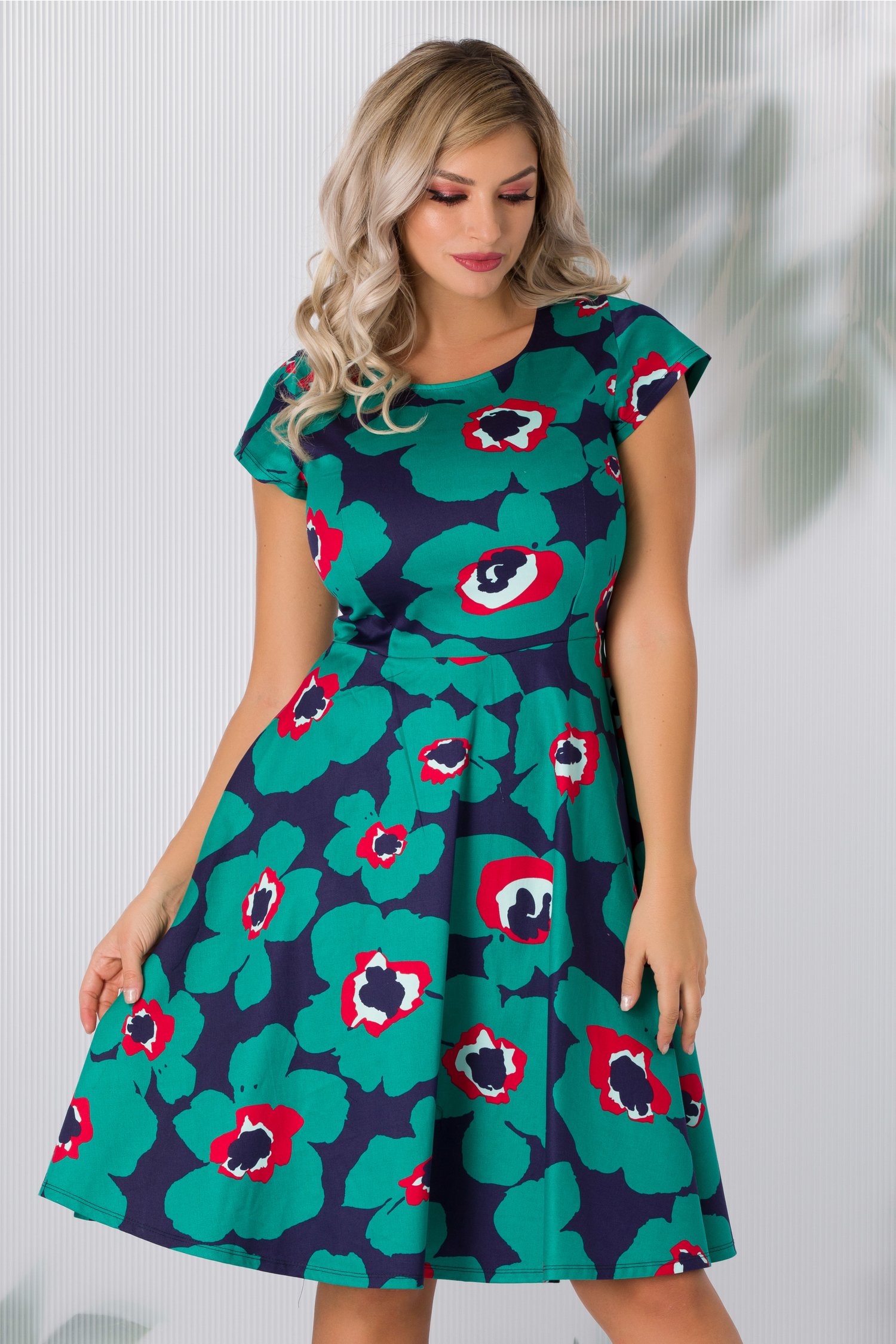 Rochie Florenta bleumarin cu imprimeu floral verde - Rochii