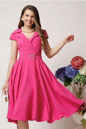 Rochie office din stofa fucsia cu catarama stralucitoare in talie