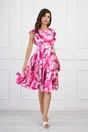 Rochie de zi din satin fucsia cu imprimeu tie-dye si vonale pe bust