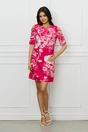 Rochie de zi fucsia cu imprimeuri albe si decupaje pe maneci