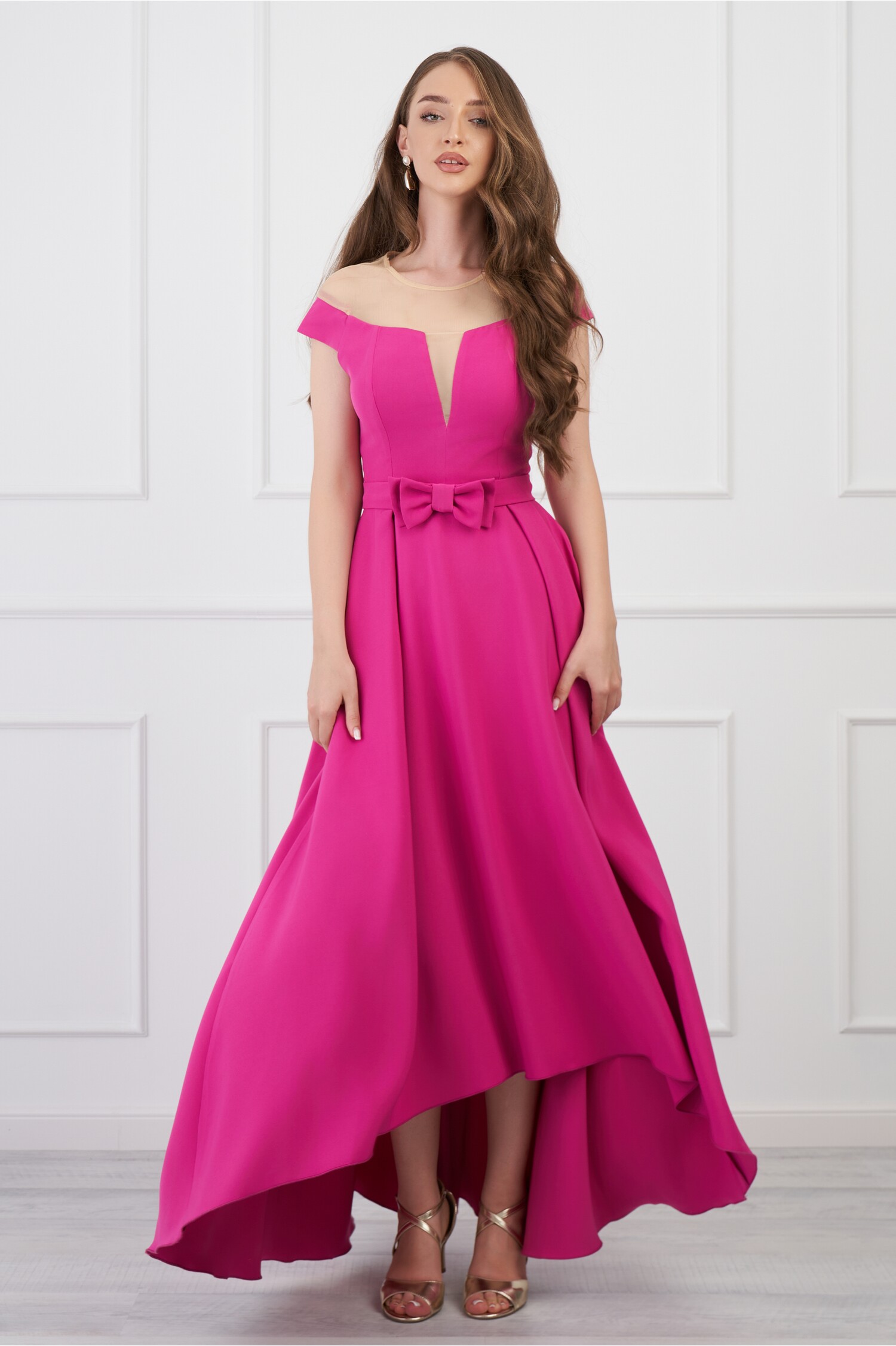 Rochie fucsia lunga cu funda in talie