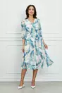 Rochie Geanina bleu cu imprimeuri roz si cordon in talie