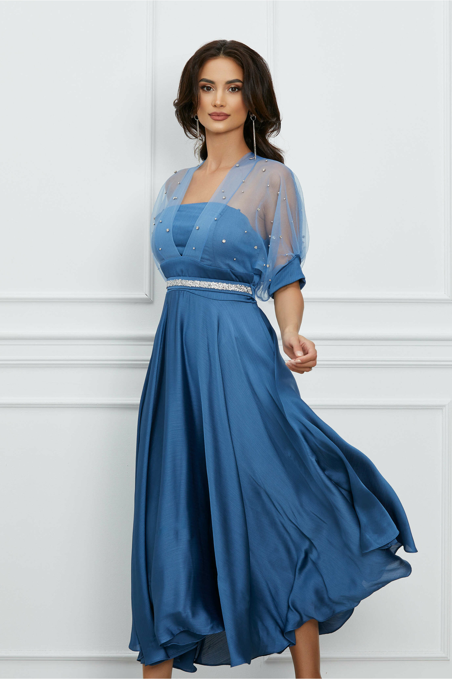 Rochie Georgiana bleu cu bust din organza si curea in talie - Rochii-Dama.ro