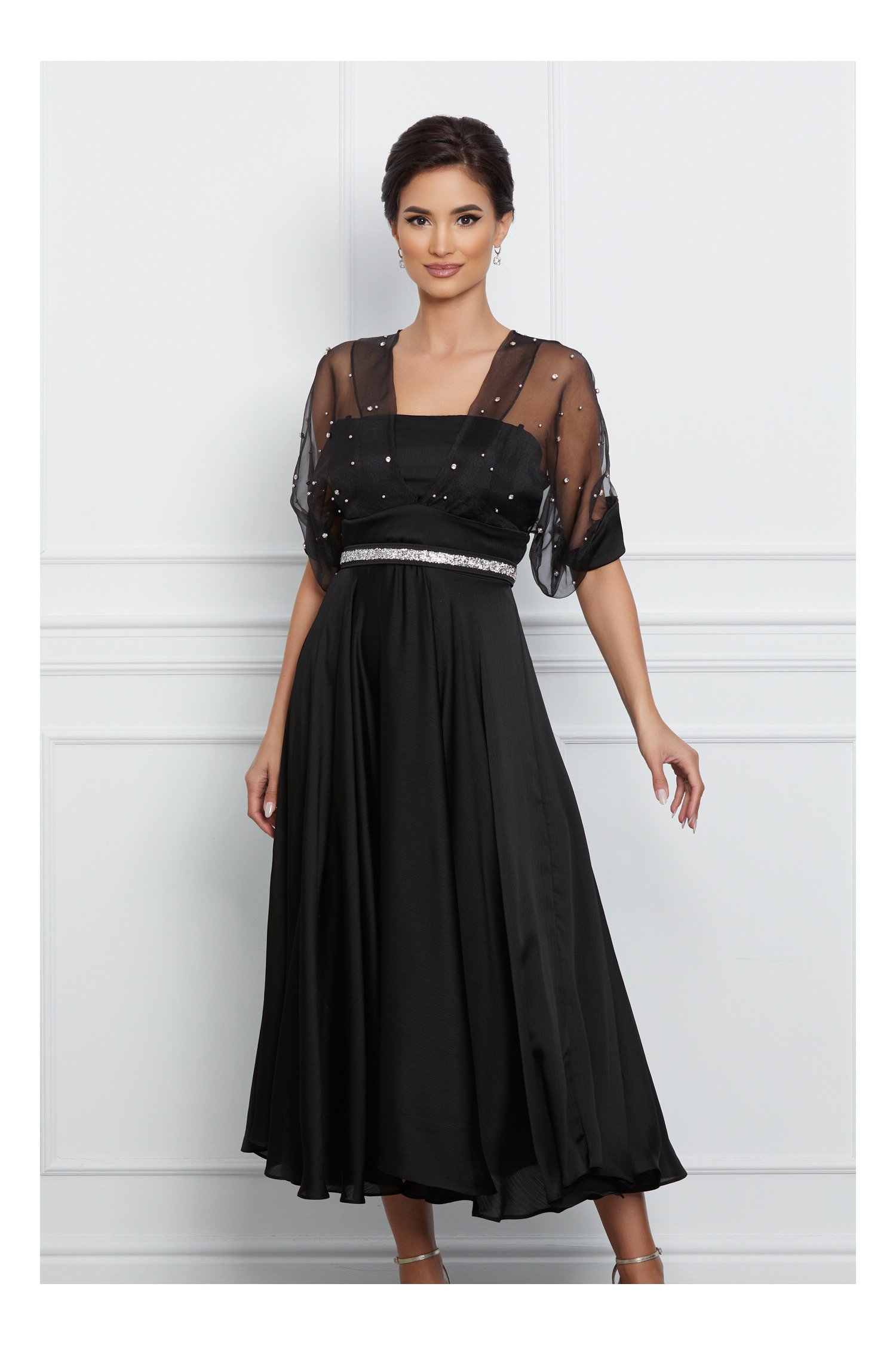 Rochie Georgiana neagra cu bust din organza si curea in talie - Rochii-Dama.ro