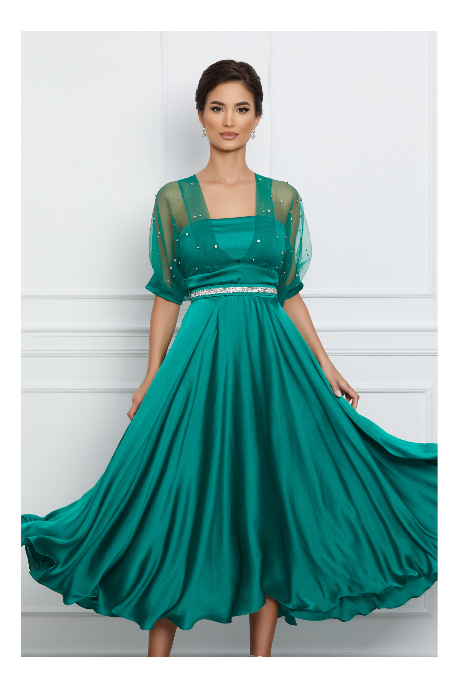 Rochie Georgiana verde cu bust din organza si curea in talie - Rochii-Dama.ro