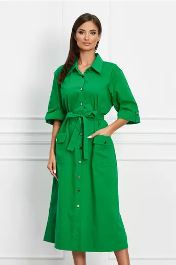 Rochie Georgiana verde cu buzunare maxi si cordon in talie