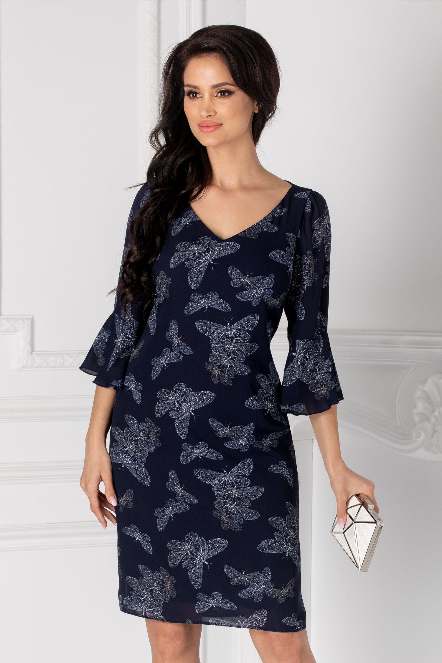 Rochie Ginette din voal bleumarin cu fluturi