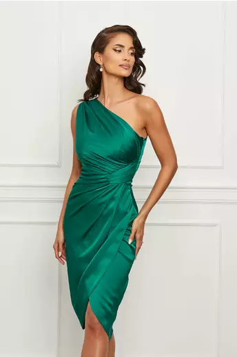 Rochie Ginette verde din satin cu pliuri pe talie