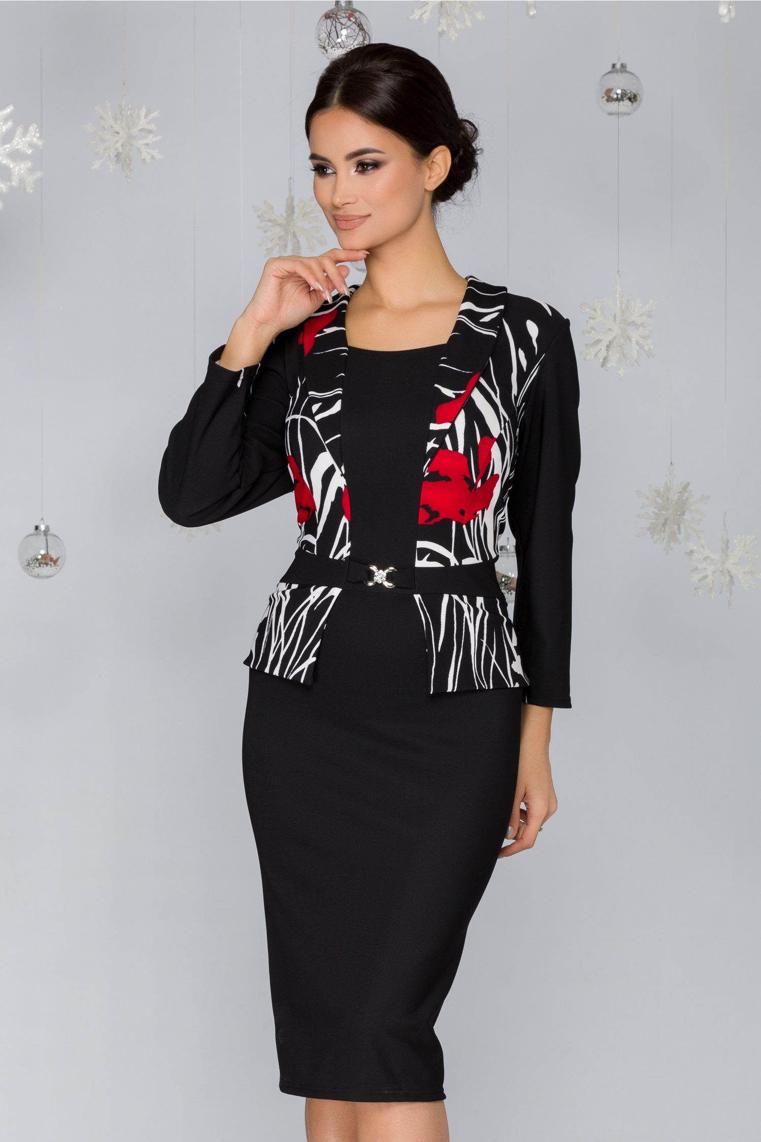 Rochie Herta neagra cu imprimeu alb-rosu si peplum