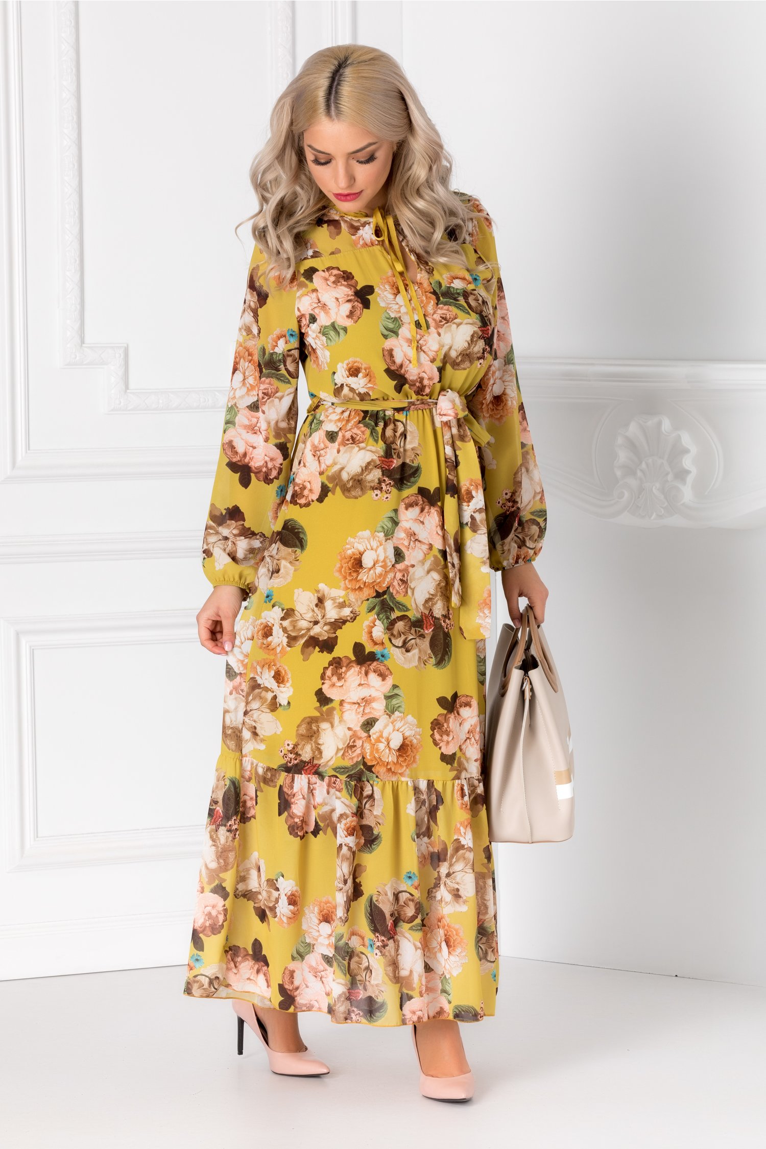 Rochie Holly galbena cu imprimeu floral