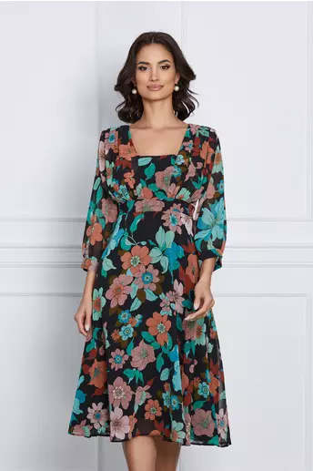 Rochie Ilaria neagra cu flori caramizii si verzi