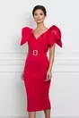 Rochie Ilinca rosie din neopren cu volane la maneci si curea in talie