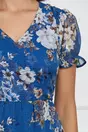 Rochie Ilona albastra din voal cu imprimeuri florale maro