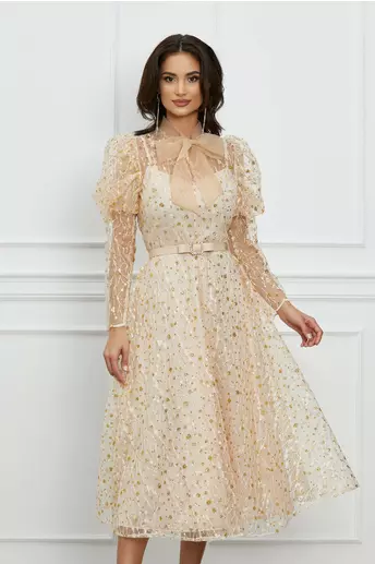 Rochie Ina bej cu glitter si funda din organza