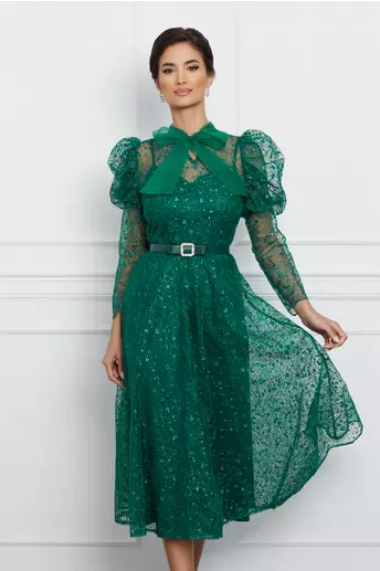 Rochie Ina verde cu glitter si funda din organza
