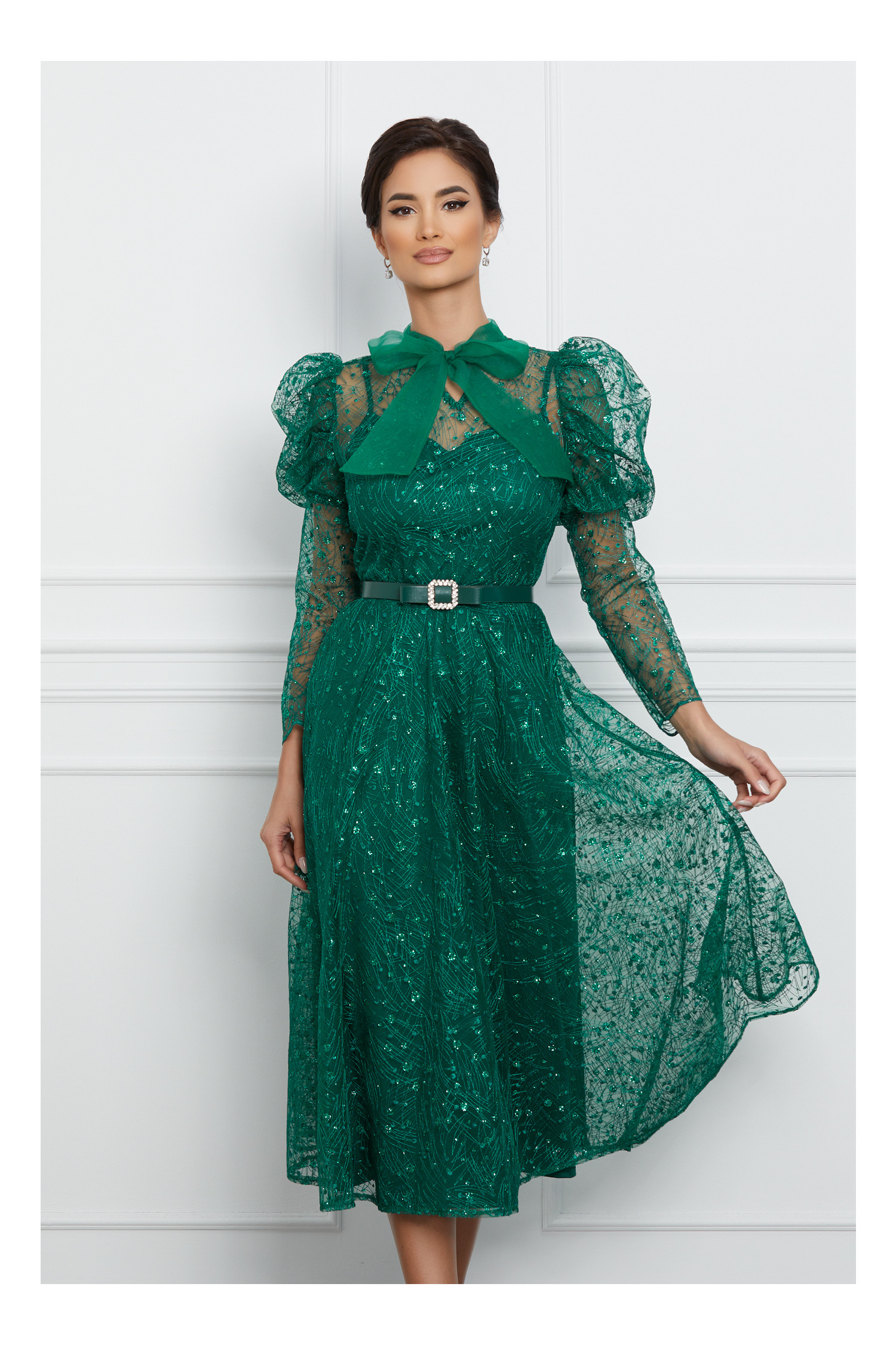 Rochie de ocazie verde cu glitter si funda din organza