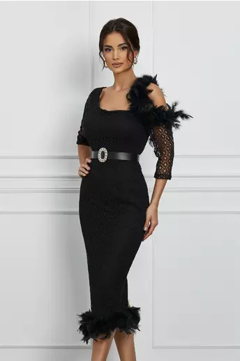 Rochie Irene neagra din dantela cu pene
