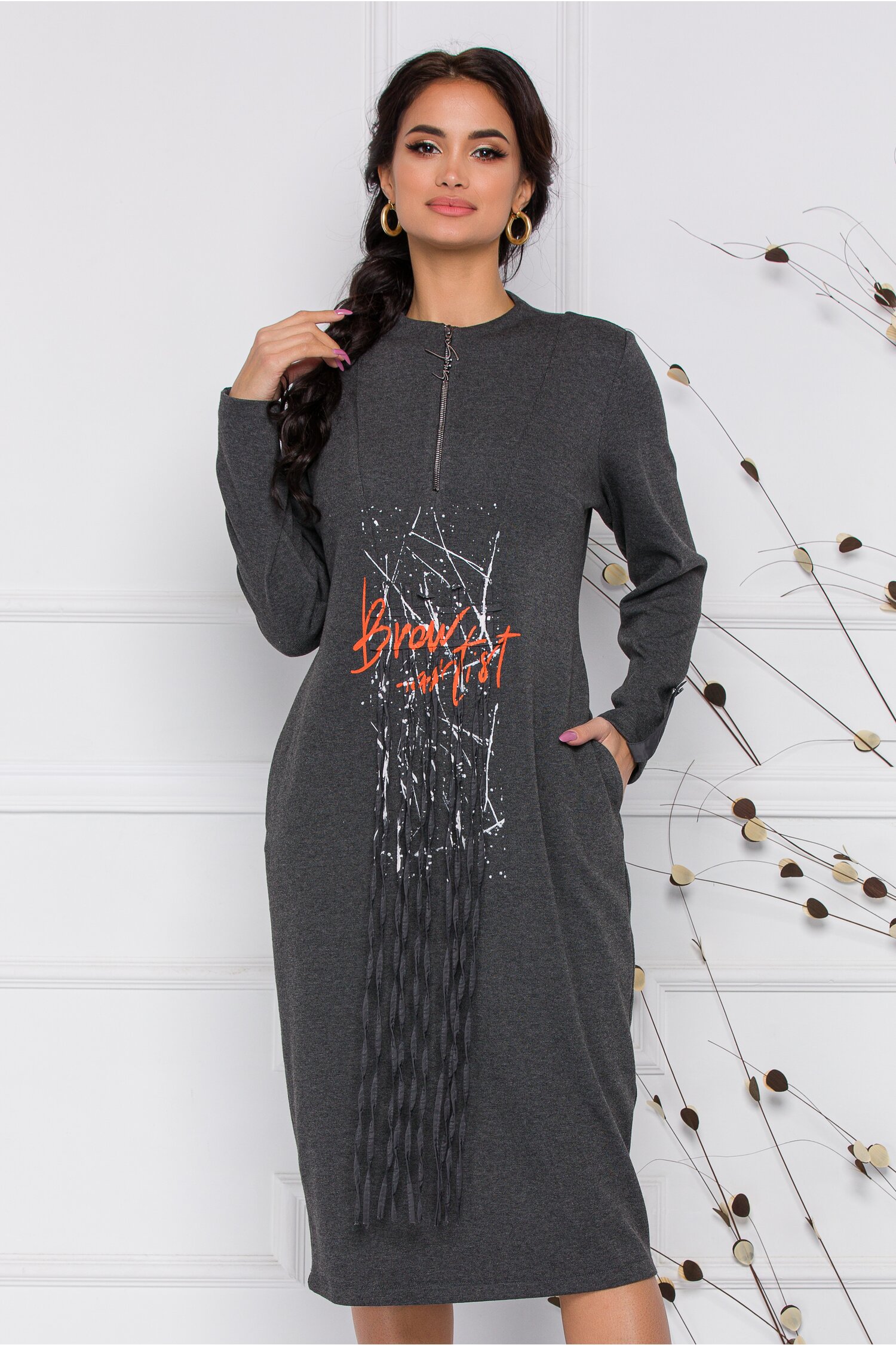 Rochie Irma gri cu franjuri si imprimeu orange