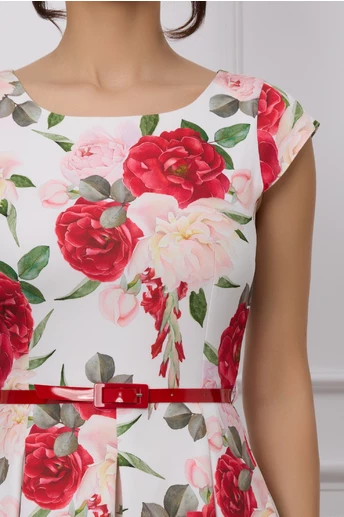 Rochie Iseline alba cu imprimeu floral rosu si curea in talie