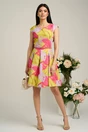 Rochie Iseline lime cu frunze fucsia-lila si curea in talie