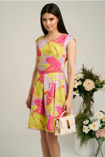 Rochie Iseline lime cu frunze fucsia-lila si curea in talie