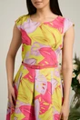 Rochie Iseline lime cu frunze fucsia-lila si curea in talie