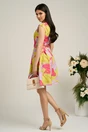Rochie Iseline lime cu frunze fucsia-lila si curea in talie
