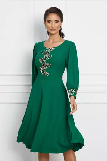 Rochie Ivona verde cu broderie bej