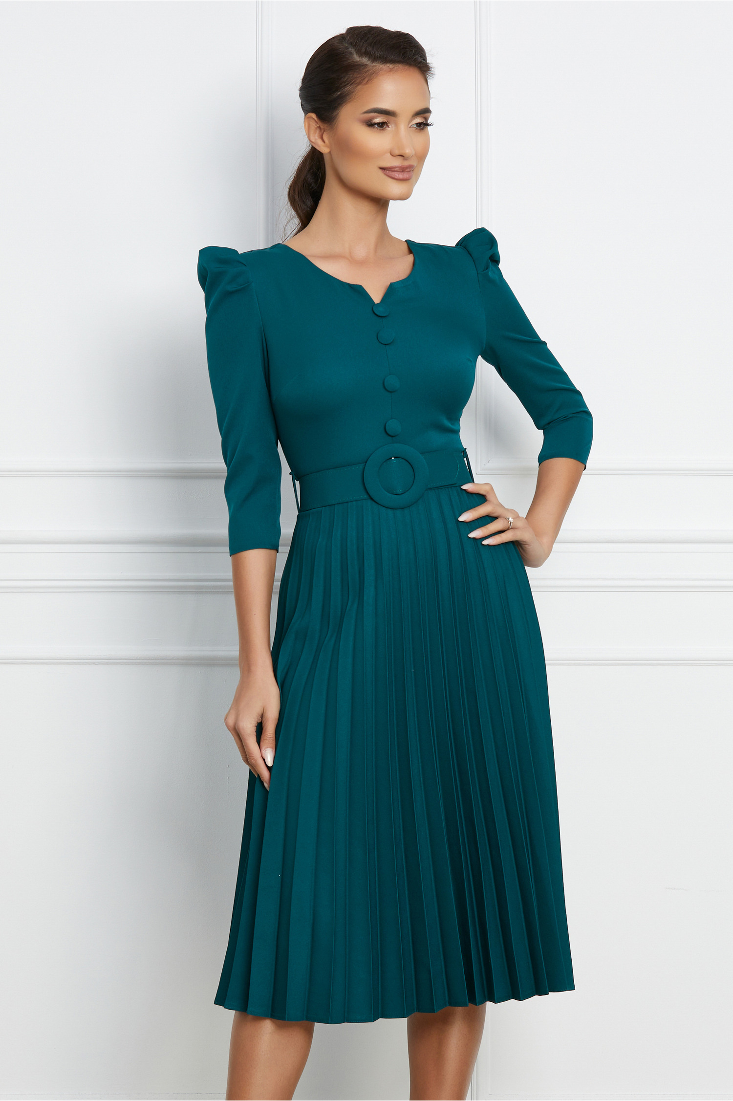 Rochie Jasmin verde cu nasturi la bust si curea in talie