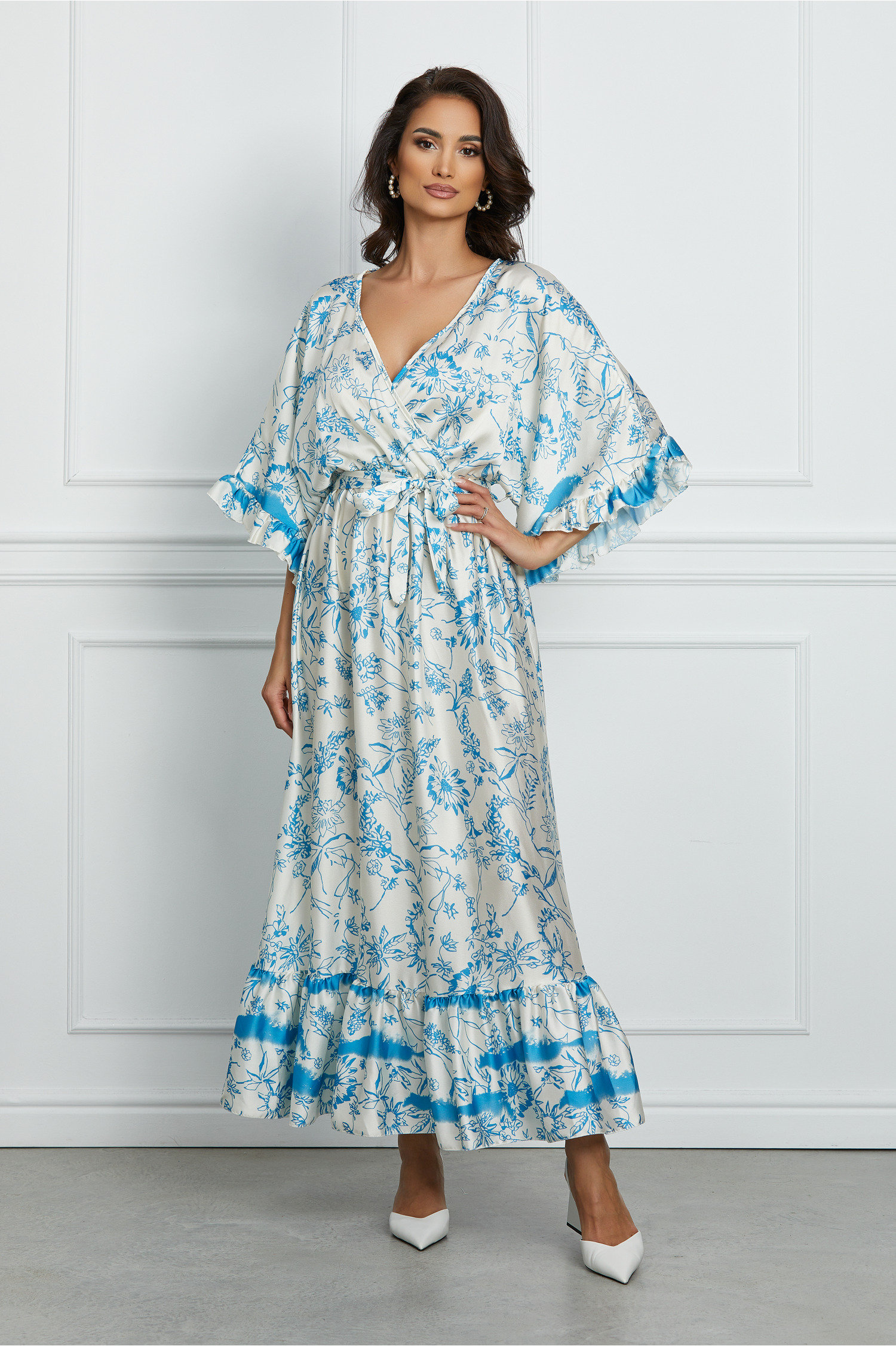 Rochie Jasmine alba cu imprimeuri bleu - Rochii-Dama.ro