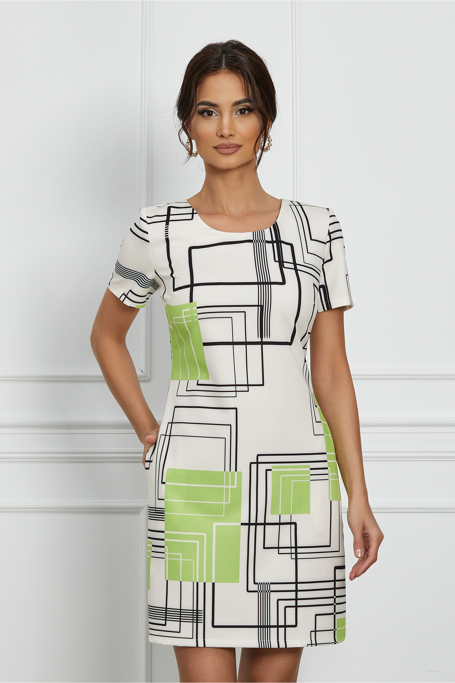 Rochie eleganta Jennifer cu imprimeu geometric negru-lime