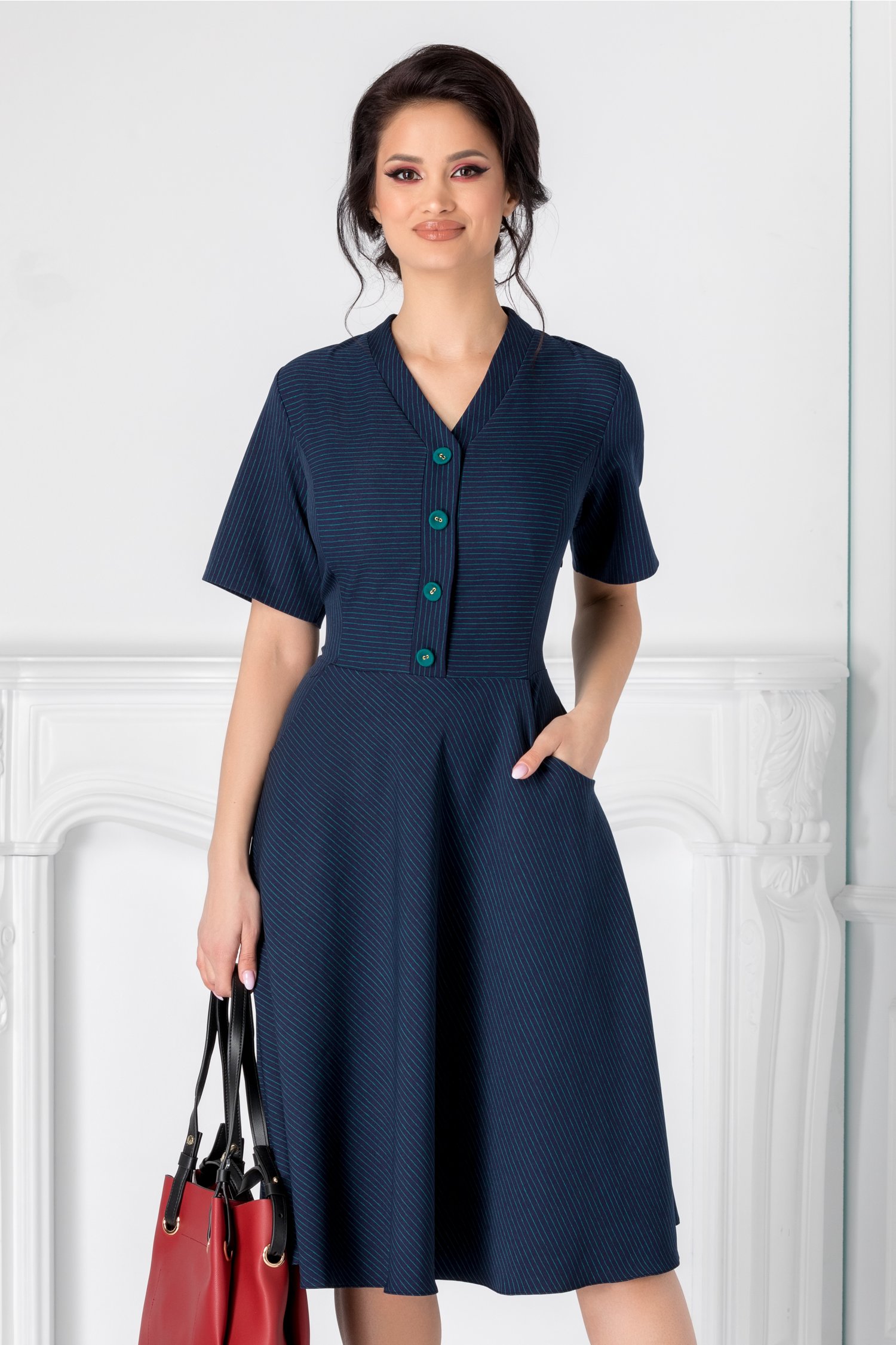 Rochie Jenny bleumarin cu linii verzi