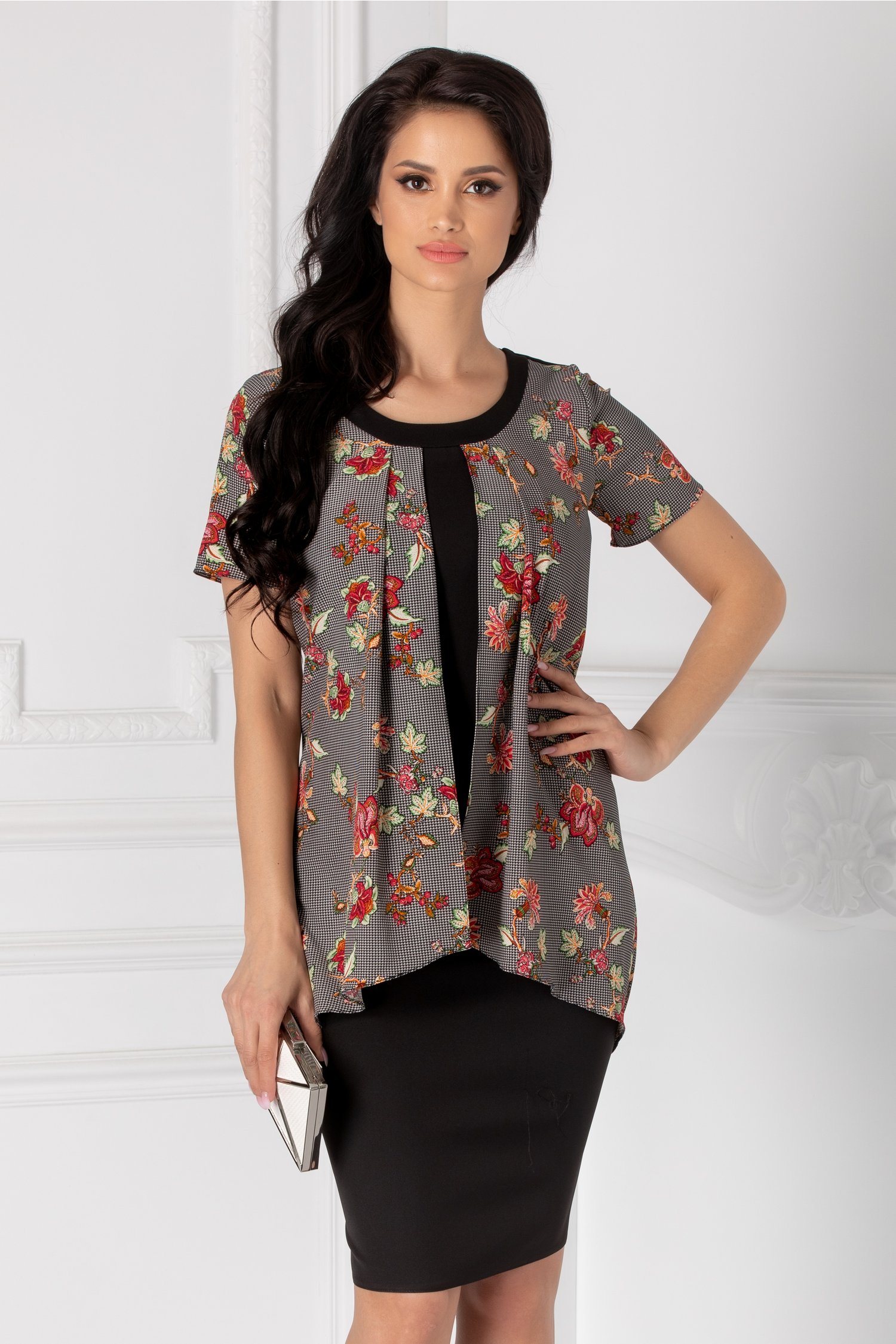 Rochie jenny neagra cu imprimeu la bust