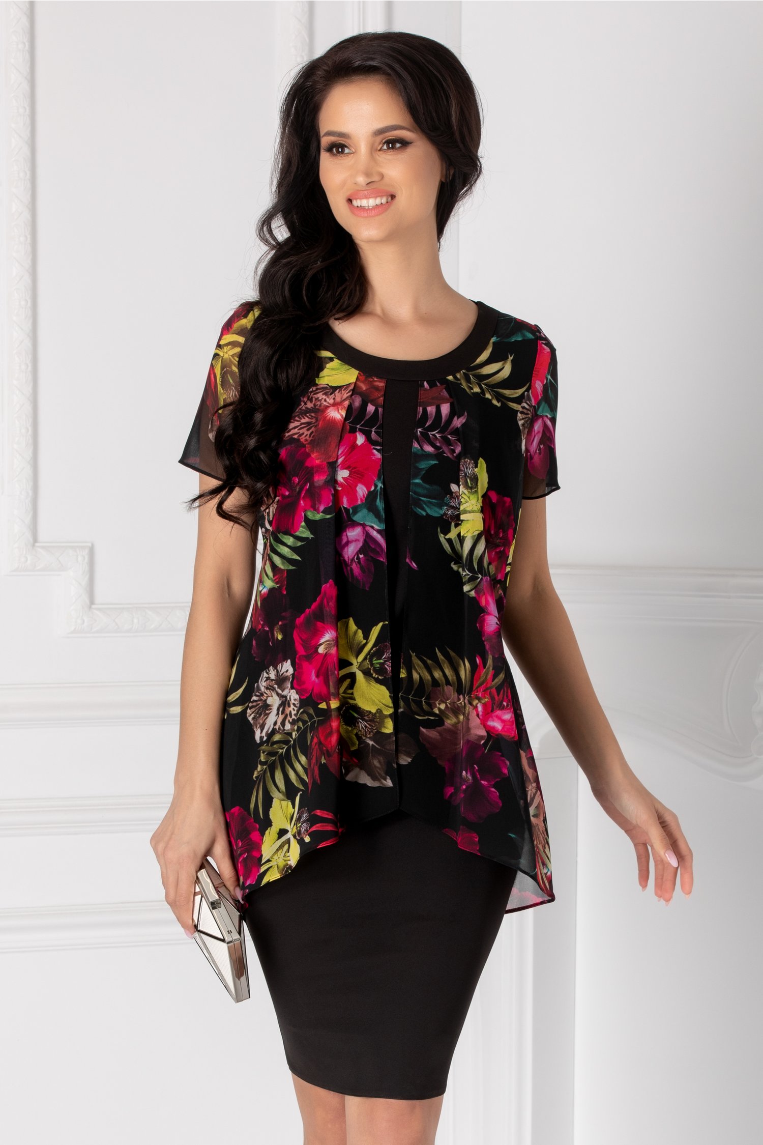 Rochie Jenny neagra cu imprimeu la bust si aplicatie din voal