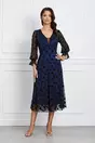 Rochie Josie albastra cu tull negru si buline catifelate