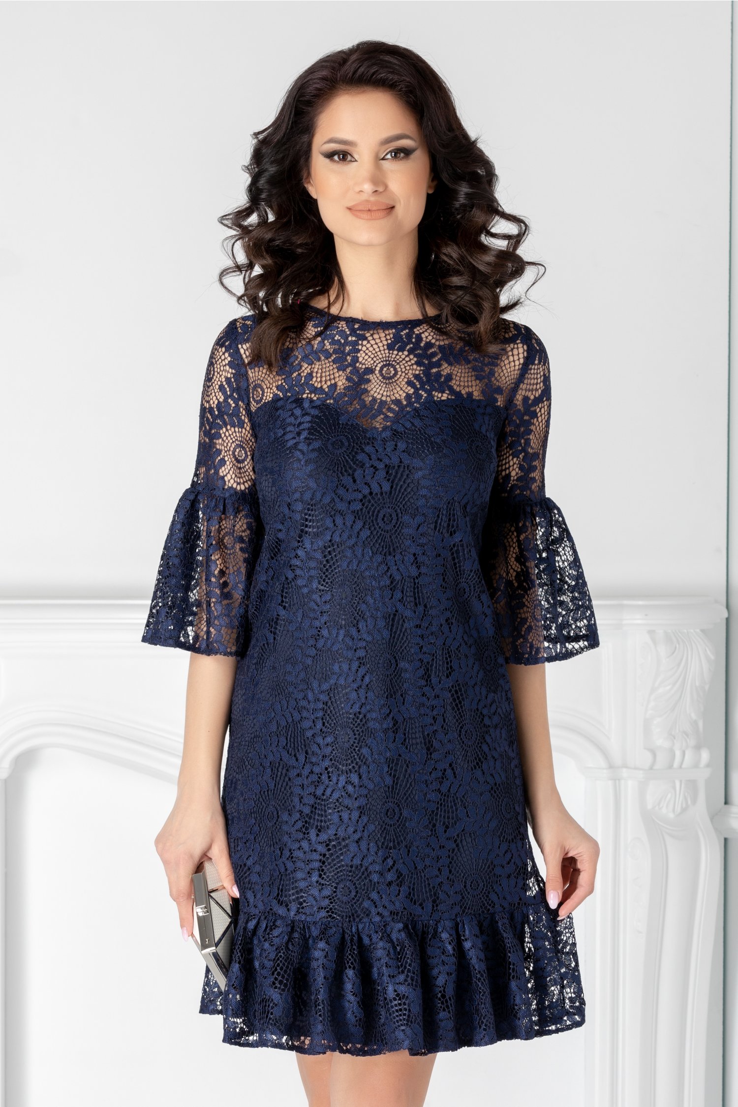 Rochie Kaley bleumarin din dantela cu volan la baza