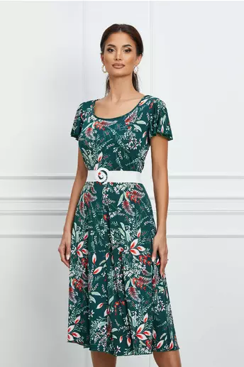 Rochie Karina verde cu flori rosii si curea in talie
