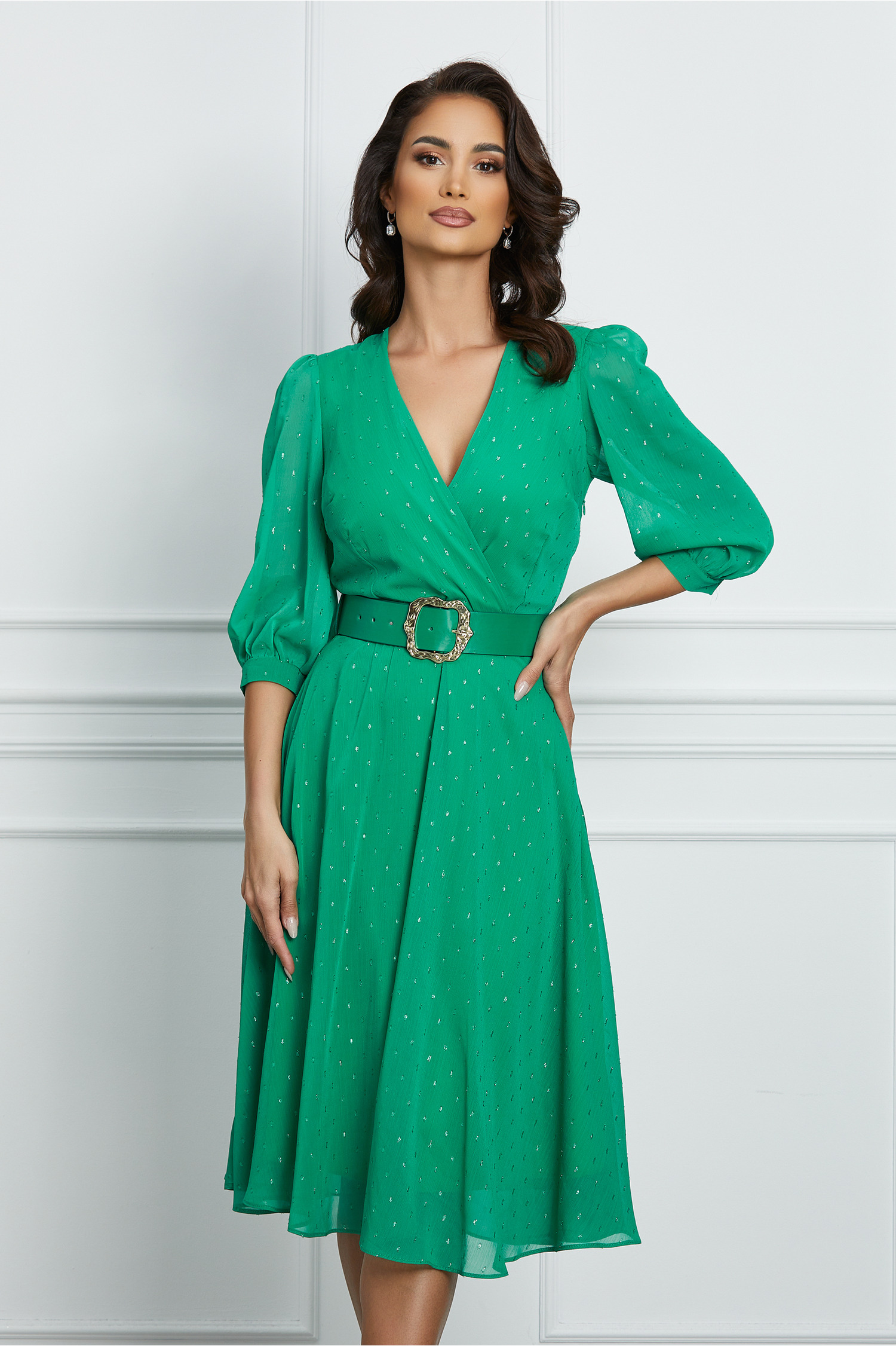 Rochie verde cu insertii din fir lurex