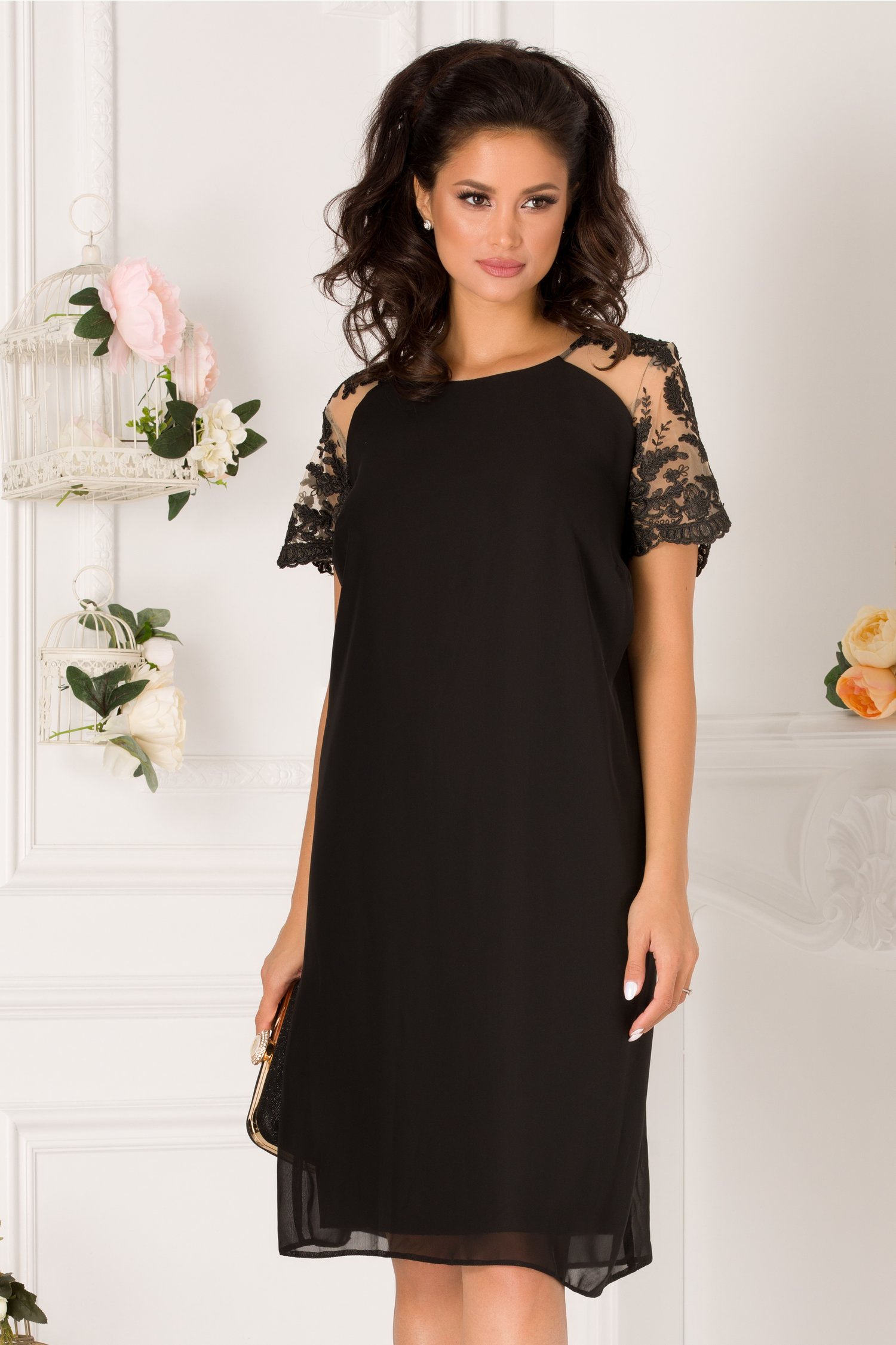 Rochie Kary neagra din voal cu maneci din broderie