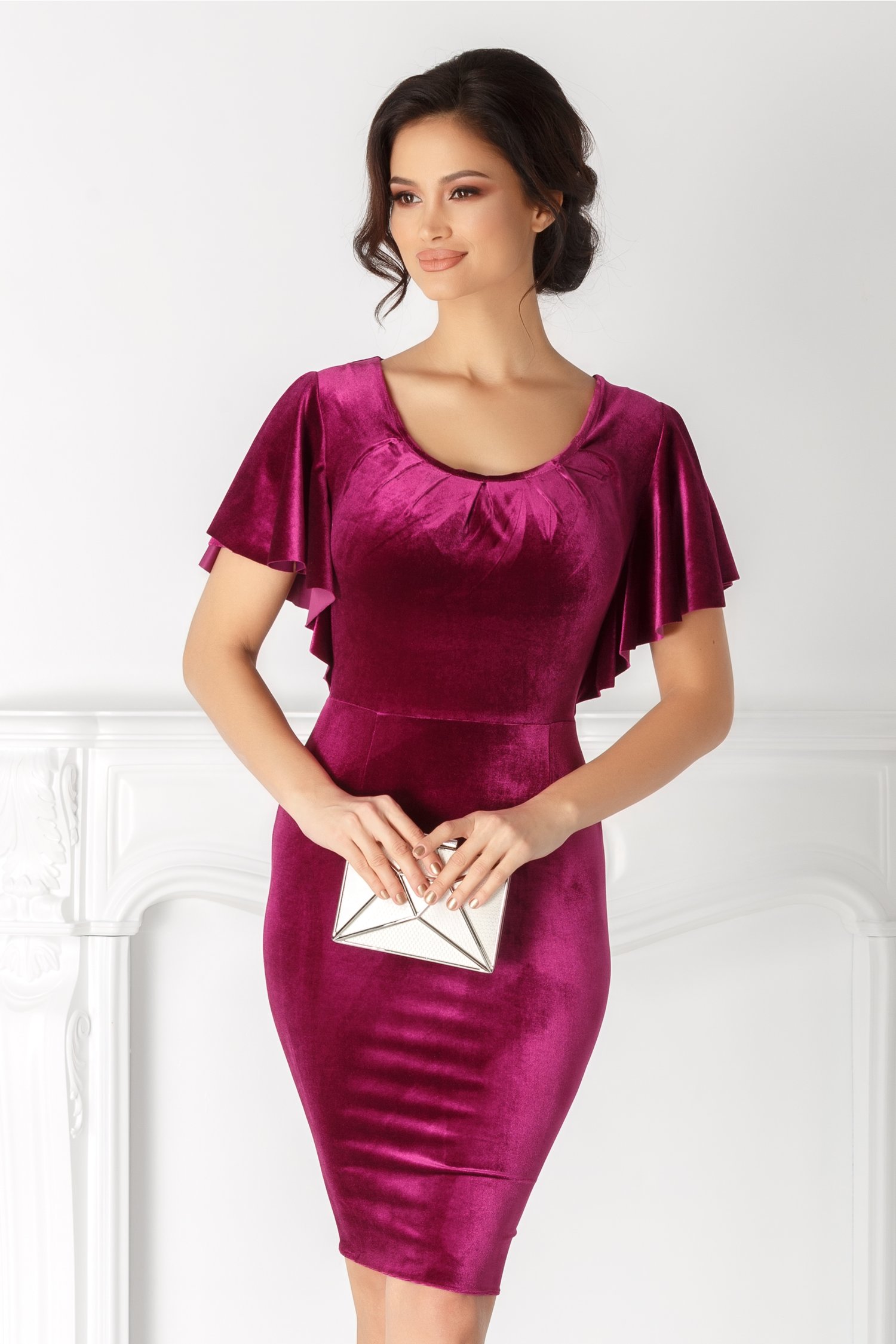 Rochie Katerina conica mov din catifea cu volane