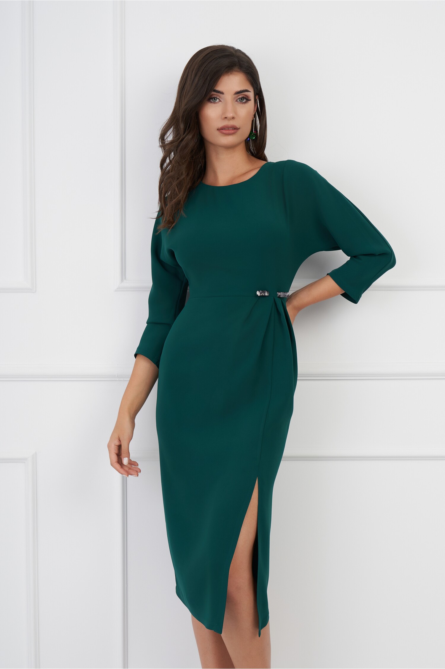 Rochie Kathy verde conica office cu accesoriu in talie