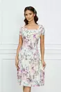 Rochie Kian ivory cu imprimeu floral lila si volan la decolteu