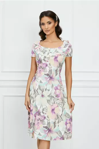 Rochie Kian ivory cu imprimeu floral lila si volan la decolteu
