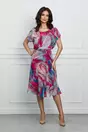 Rochie Klera fuchsia cu imprimeu multicolor si accesoriu metalic in talie