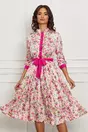 Rochie LaDonna alba cu flori fucsia si cordon in talie