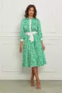 Rochie LaDonna alba cu imprimeuri verzi si crodon in talie