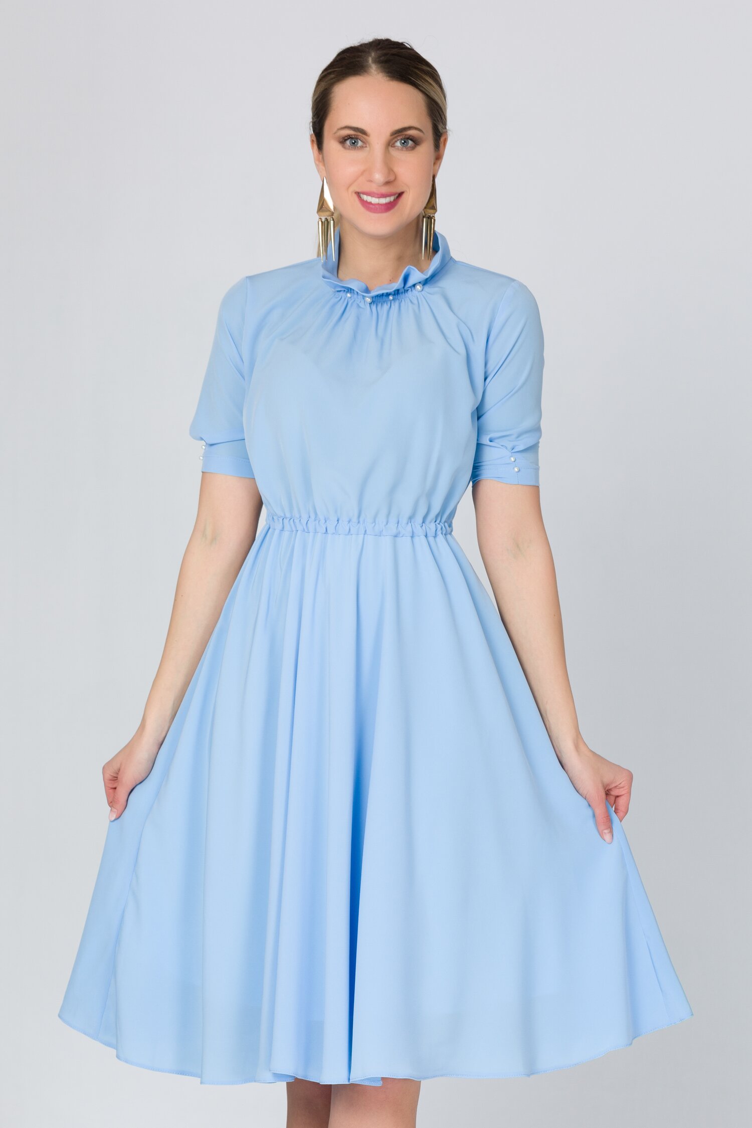 Rochie LaDonna bleu cu perlute la guler