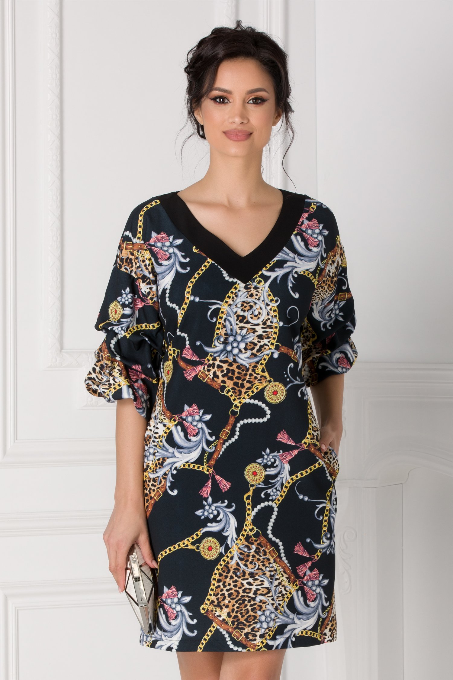 Rochie LaDonna bleumarin cu imprimeuri multicolore si maneci bufante
