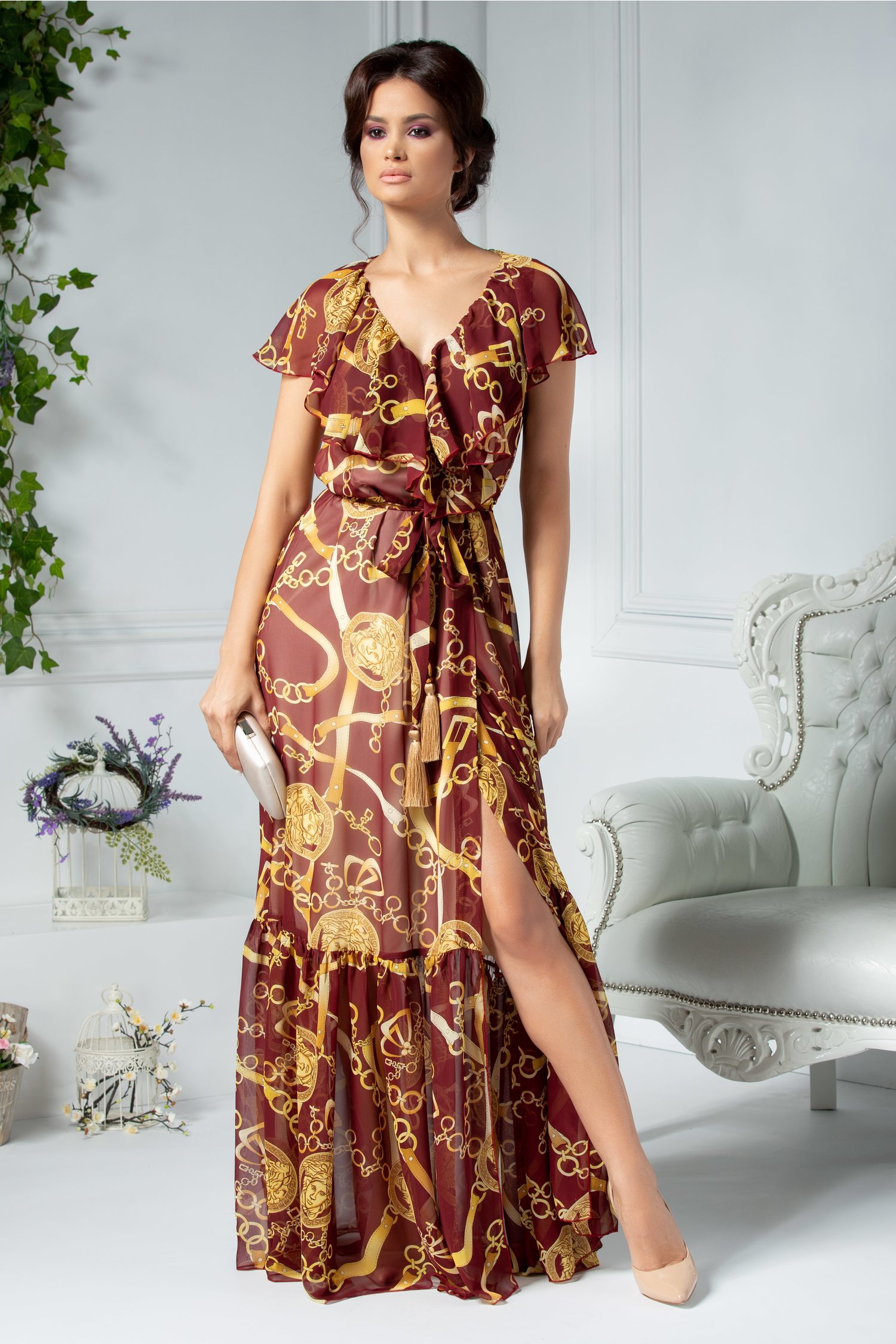 Rochie Ladonna bordo lunga petrecuta cu imprimeu galben