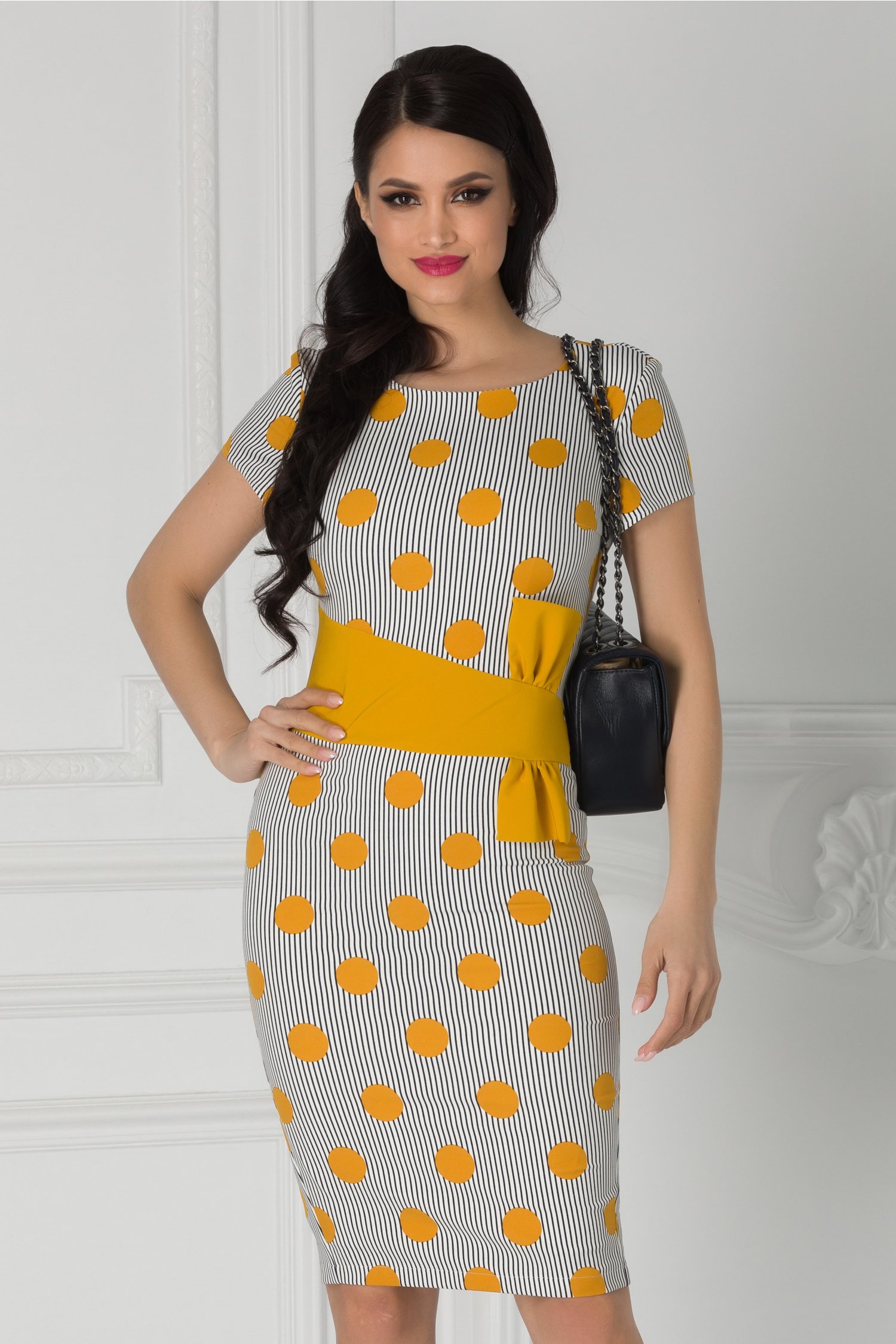Rochie LaDonna cu buline galbene si dungi negre